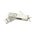 A silver brushed metal swivel USB drive with a keychain attachment. Features a sleek design and a logo.