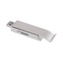 A silver bottle opener with a built-in flash drive, featuring a sliding mechanism for USB connection.