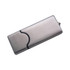 A metallic silver flash drive with a sleek design and a black rubber grip, featuring a branding logo.