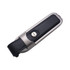 A sleek metal and black leather flash drive featuring a button and rounded edges, with a minimalistic design.