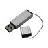 A silver flash drive with a metallic design and a protective cap attached by a chain.