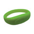A green silicone wristband with a smooth surface and a simple design, featuring a branding logo.