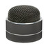 A round, sleek black Bluetooth speaker with a mesh top and metallic base, featuring a branding logo.