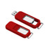 A red flash drive with a metallic section, featuring a keyring attachment for convenience.