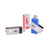 Four flash drives in various colours: silver, red, blue, and black, featuring logos on some.