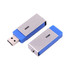 A blue and silver swivel flash drive with a metallic finish and a retractable USB connector. It features a logo.