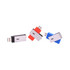 A set of three swivel flash drives in black, red, and blue, featuring a metallic casing and a logo.