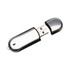 A silver and black curved flash drive with a protective cap removed, featuring a branding logo.