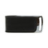 A sleek black leather flash drive with a silver metallic accent and a branding logo.
