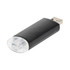 A black flash drive with a transparent cap and a silver USB connector, featuring a logo.