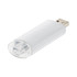 A white USB flash drive with a transparent end and a logo on its surface.