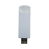 A white flash drive with a clear cap, featuring a logo on the surface.