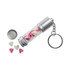 A silver LED USB flash drive with a transparent casing, containing pink and white heart-shaped candies and a keychain attachment.