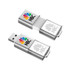 A metallic flash drive in silver with a logo on both sides, featuring a colourful design.