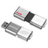 A silver and black flash drive with a metal casing, featuring branding on each side.
