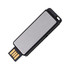 A sleek black and silver flash drive with a metallic finish and a connector at one end.