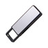 A black and silver flash drive with a sleek design and a branding logo.
