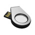 A sleek silver and black flash drive with a rounded design and a visible USB connector.