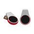 A silver and red LED flash drive with a circular black section and a retractable USB connector.