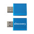 A blue USB data blocker featuring a silver connector and a logo on one side.