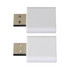 A pair of white USB data blockers with metallic connectors on one side, featuring a simple design.