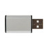 A metal USB data blocker in silver with black accents, featuring a standard USB connector.
