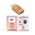 A bamboo USB data blocker with a USB plug, featuring a logo. Accompanied by instructional cards.