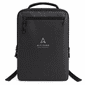 A black backpack with a minimalist design, featuring a logo and multiple zippers for storage.