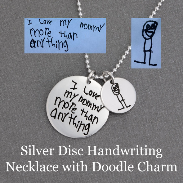 Custom silver doodle charms with child's drawing of mom, shown with Silver Disc Handwriting Necklace engraved with child's actual handwritten note to mom.