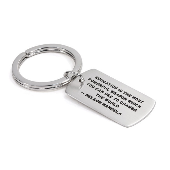 Teacher and Grad gift: custom silver military tag key chain personalized with inspirational passage from Nelson Mandela