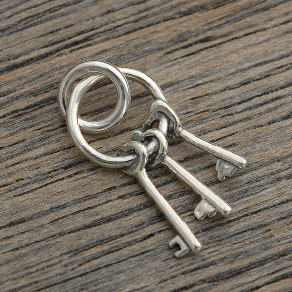 silver Tiny Keys on a Ring charm to add to any necklace or bracelet, shown on wood