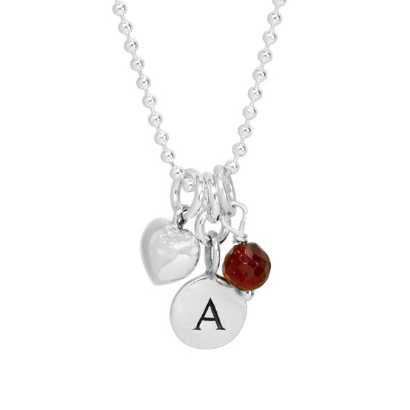 Silver Tiny Round Initial Charm necklace with letter A, shown with birthstones