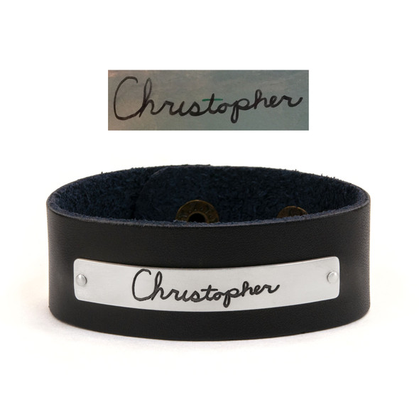 handwriting leather bracelet , shown with the actual handwriting etched on silver, with original handwritten note used to personalize it