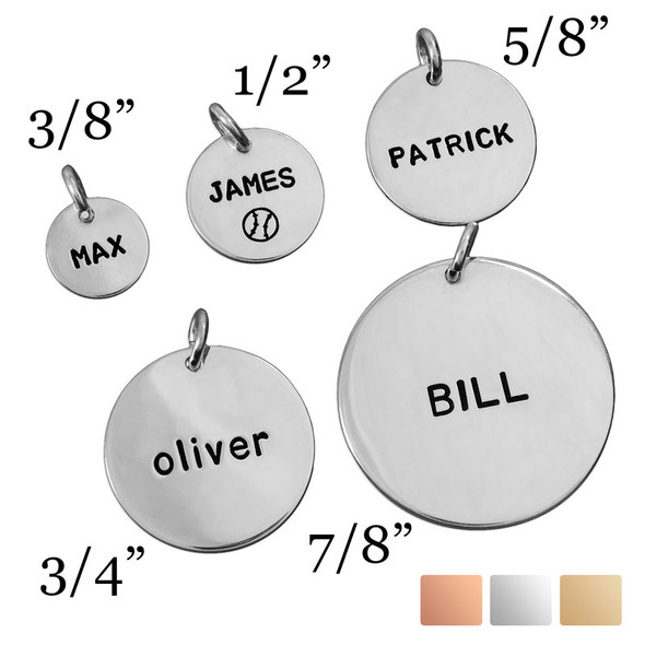 Hand stamped sterling silver charms in 3/8", 1/2", 5/8", 3/4", 7/8"