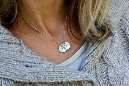 hand stamped brushed silver squares initial necklace, shown on model