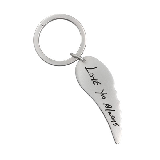 Personalized silver angel wing key ring with your loved one's handwriting