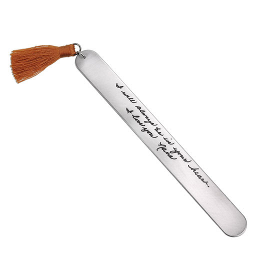 Custom bookmark personalized with your actual handwriting, with an orange tassel, shown on white background
