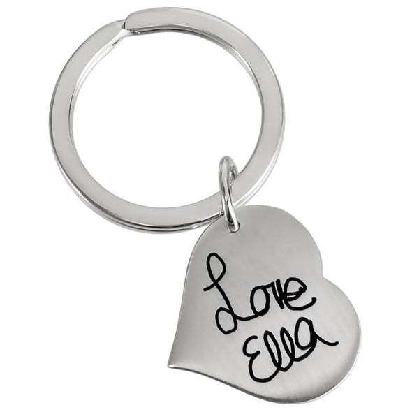 Custom Handwriting Heart silver Key Ring, with handwritten name from daughter, shown on white