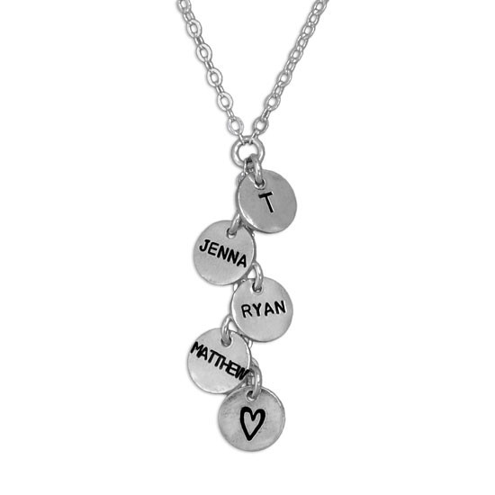 Custom Thai silver charm cascade necklace, personalized with hand stamped kids names, shown close up on white