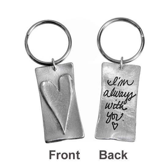 Handwritten note on Rectangle Fine Pewter Key Ring, shown on white