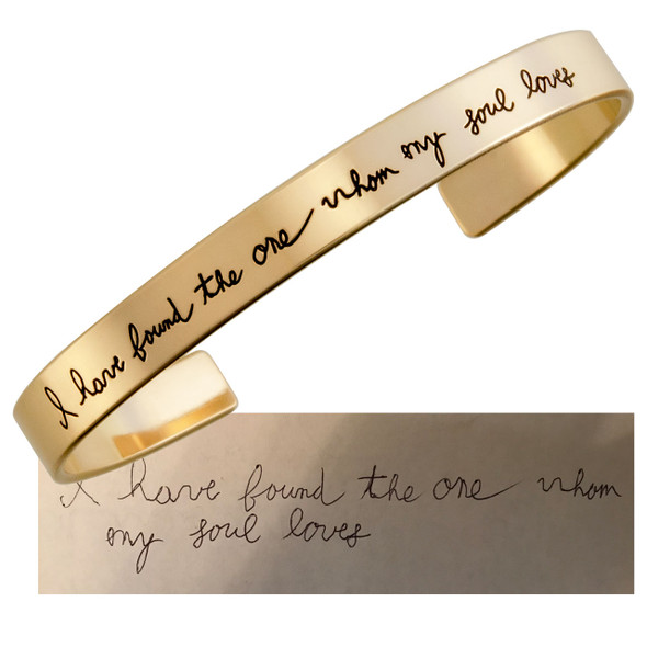 Bridal gift handwritten note on gold cuff bracelet