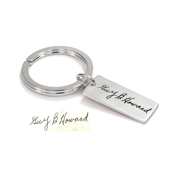 Silver Memorial key ring with actual handwritten signature, shown from the side