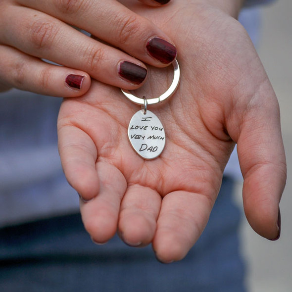 Silver oval handwriting signature key ring with your actual handwriting