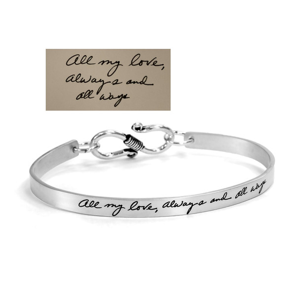 custom Sterling silver handwriting cuff bracelet with clasp, shown with the handwriting used to personalize it