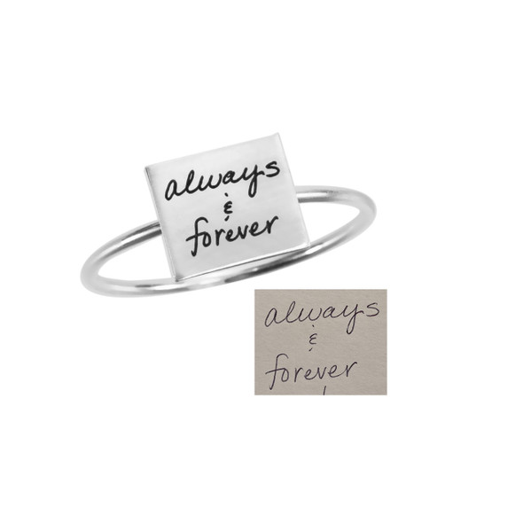 Custom Square Dainty Handwriting Ring, personalized with your actual handwriting, shown with original handwritten "Always & Forever", close up on white