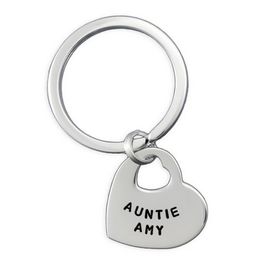 Silver Heart Key Ring custom stamped with your words, shown on white