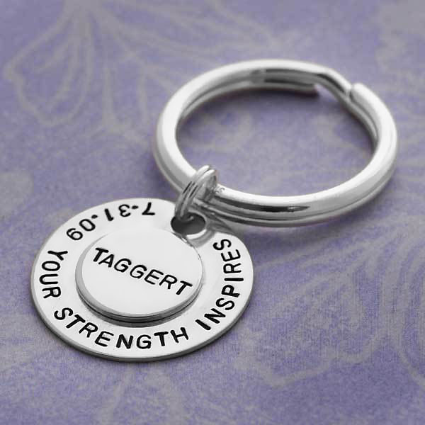 Custom Large Double Disc Key Ring in sterling silver, stamped with names and date, shown from side
