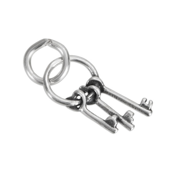 silver Tiny Keys on a Ring charm to add to any necklace or bracelet, shown on white