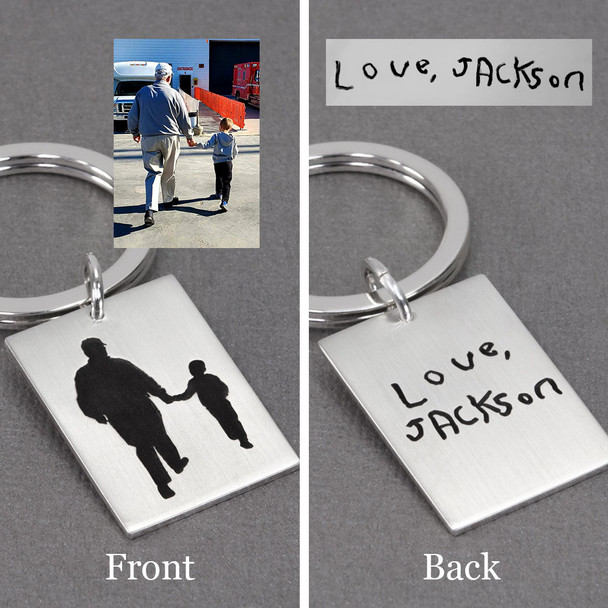 Photo Silhouette of grandfather & grandson on a silver Key Ring, showing front with original picture, and back with grandson's actual signature used to personalize the key chain