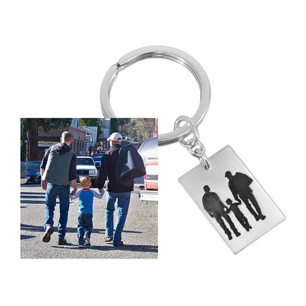 Photo Silhouette of brothers and nephew on a silver Key Ring, with the original photo used to personalize it